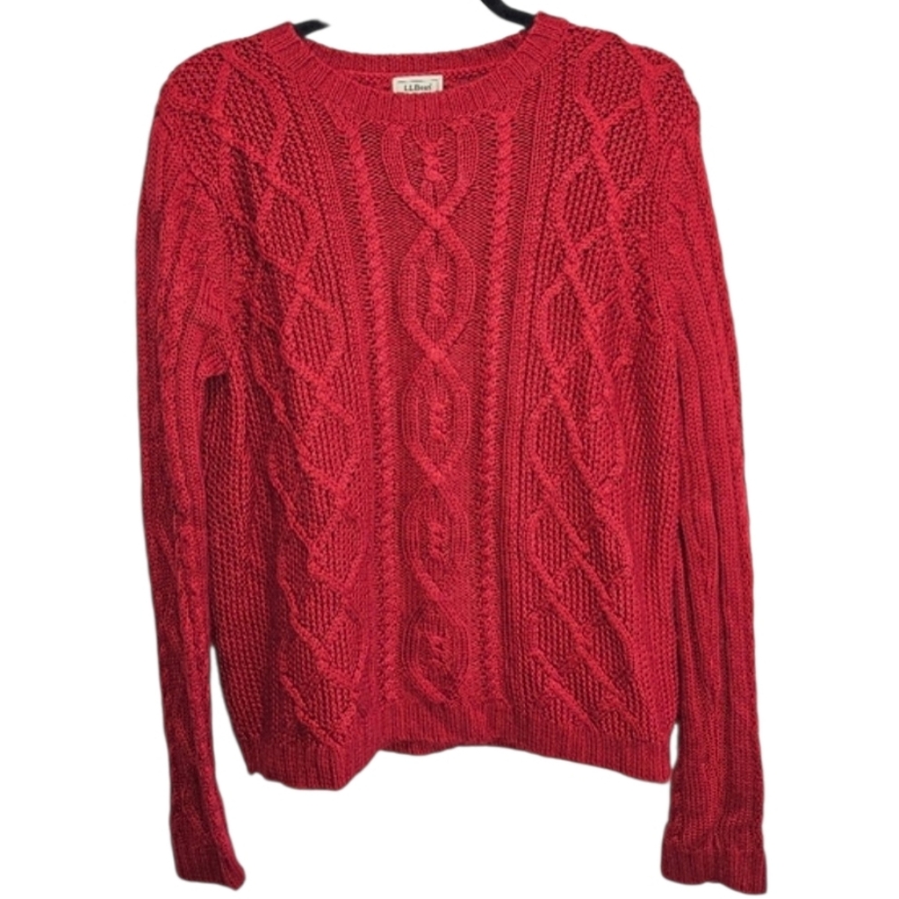 LL Bean Cableknit Sweater Red Wool Blend Kids XL / 18 (Fits Women's Size Small)